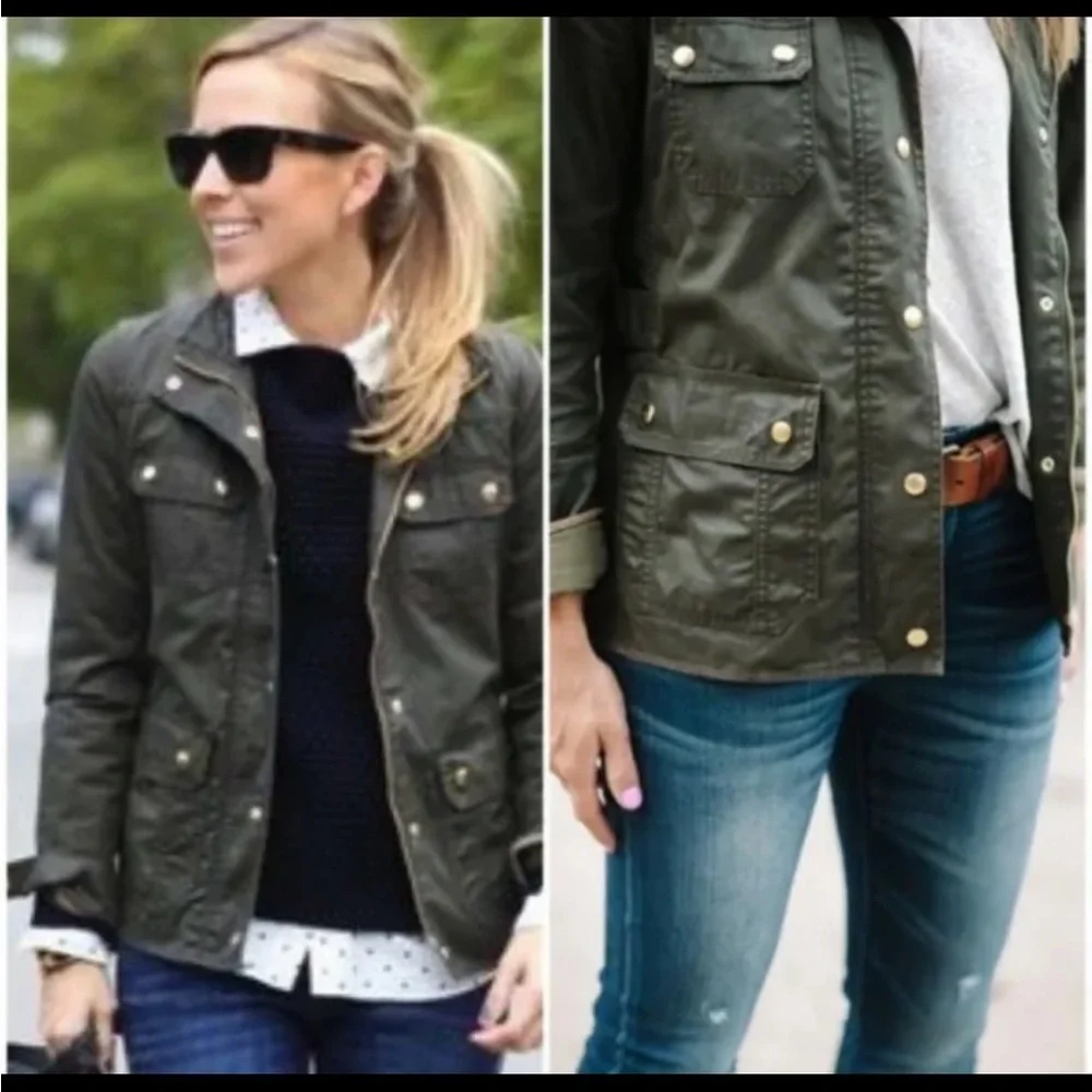 J. CREW Downtown Jacket Green Size XS Moto Party Date Night Utility Gold Buttons